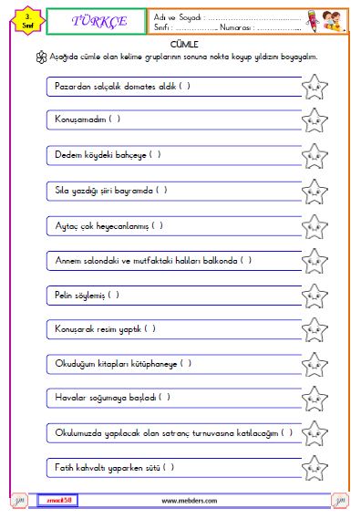 3. Sınıf Türkçe Cümle Bilgisi Etkinliği